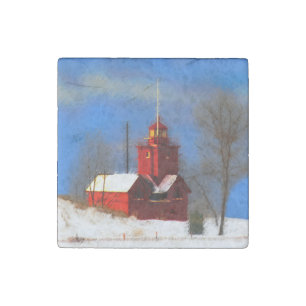 Big Red Lighthouse Painting - Original Art Stone Magnet