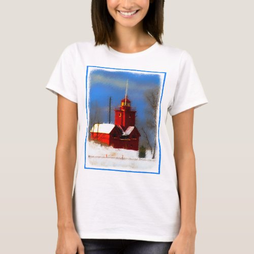 Big Red Lighthouse Painting _ Original Art T_Shirt
