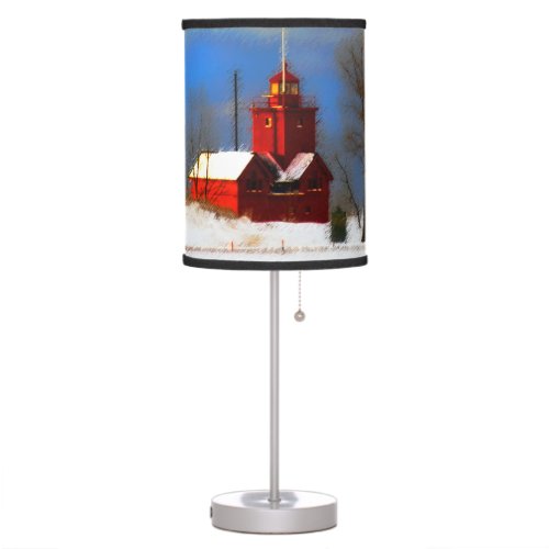 Big Red Lighthouse Painting _ Original Art Table Lamp