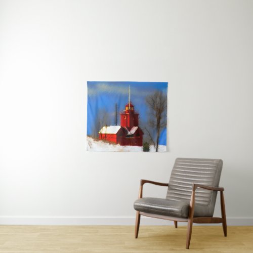 Big Red Lighthouse Painting _ Original Art Tapestry