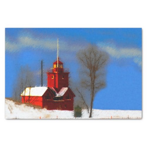 Big Red Lighthouse Painting _ Original Art Tissue Paper