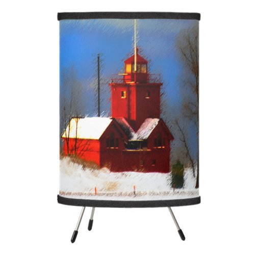 Big Red Lighthouse Painting _ Original Art Tripod Lamp