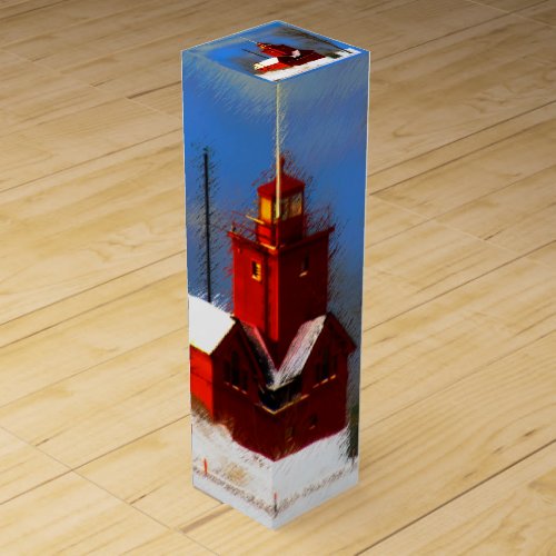Big Red Lighthouse Painting _ Original Art Wine Box