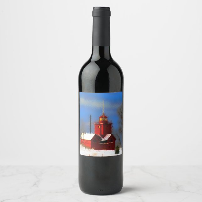 Big Red Lighthouse Painting - Original Art Wine Label (Front)
