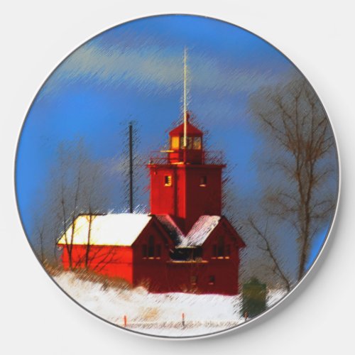 Big Red Lighthouse Painting _ Original Art Wireless Charger