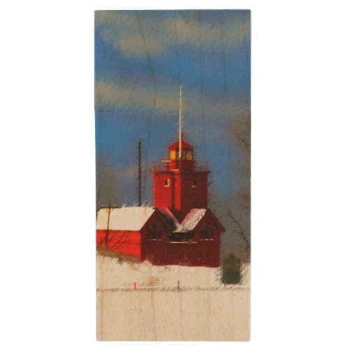 Big Red Lighthouse Painting _ Original Art Wood Flash Drive