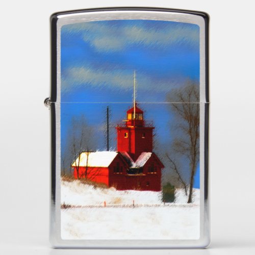 Big Red Lighthouse Painting _ Original Art Zippo Lighter