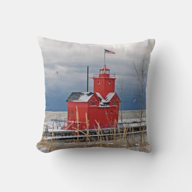 Big Red Lighthouse Throw Pillow (Front)