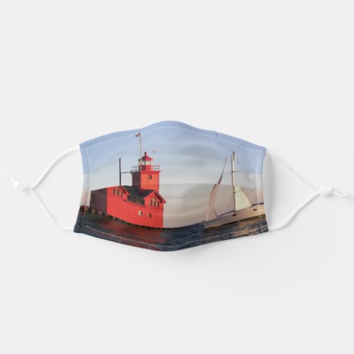 Big Red lighthouse with sailboat Adult Cloth Face Mask