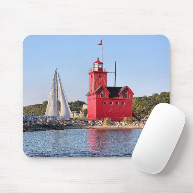 Big Red Lighthouse With Sailboat Mouse Pad (With Mouse)