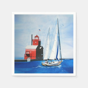 Big Red Michigan Lighthouse and Sailboat Napkins