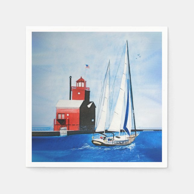 Big Red Michigan Lighthouse and Sailboat Napkins (Front)