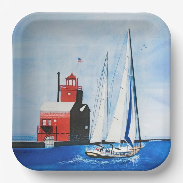 Big Red Michigan Lighthouse and Sailboat Paper Plates (Front)