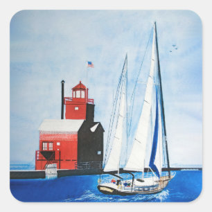 Big Red Michigan Lighthouse and Sailboat Square Sticker