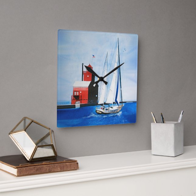 Big Red Michigan Lighthouse and Sailboat Square Wall Clock (Office)