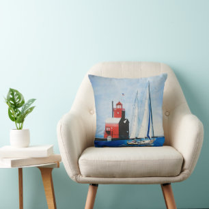 Big Red Michigan Lighthouse and Sailboat Throw Pillow