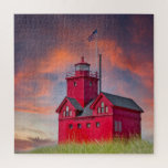 Big Red Michigan Lighthouse Jigsaw Puzzle<br><div class="desc">Michigan red lighthouse with sunset sky and American flag</div>