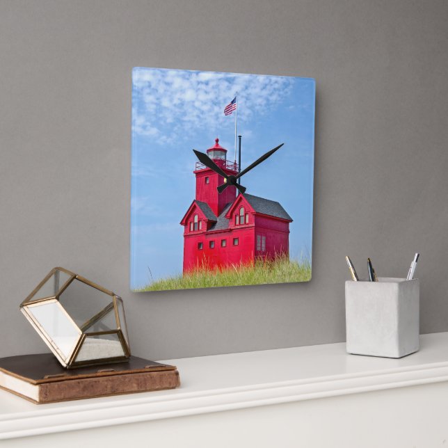 Big Red Michigan Lighthouse Square Wall Clock (Office)