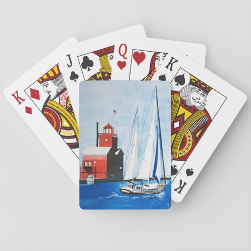 Big Red Michigan Lighthouse watercolor painting Poker Cards