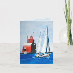 Big Red Michigan lighthouse with sailboat Card