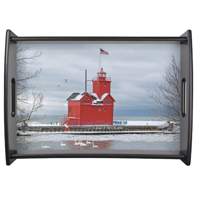 Big Red Michigan Lighthouse With Swans Serving Tray (Front)