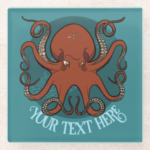 Big Red Octopus Artwork Personalized Text Design Glass Coaster