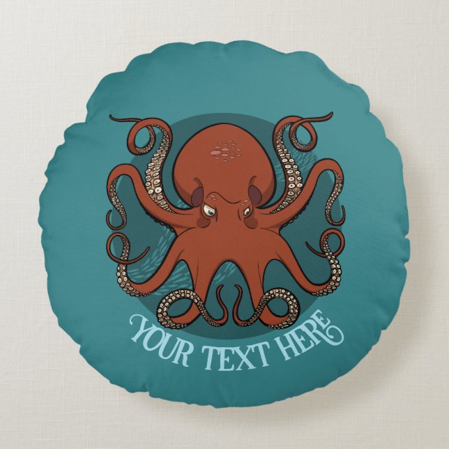Big Red Octopus Artwork Personalized Text Design Round Pillow (Front)