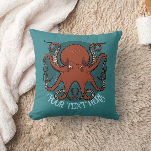 Big Red Octopus Artwork Personalized Text Design Throw Pillow
