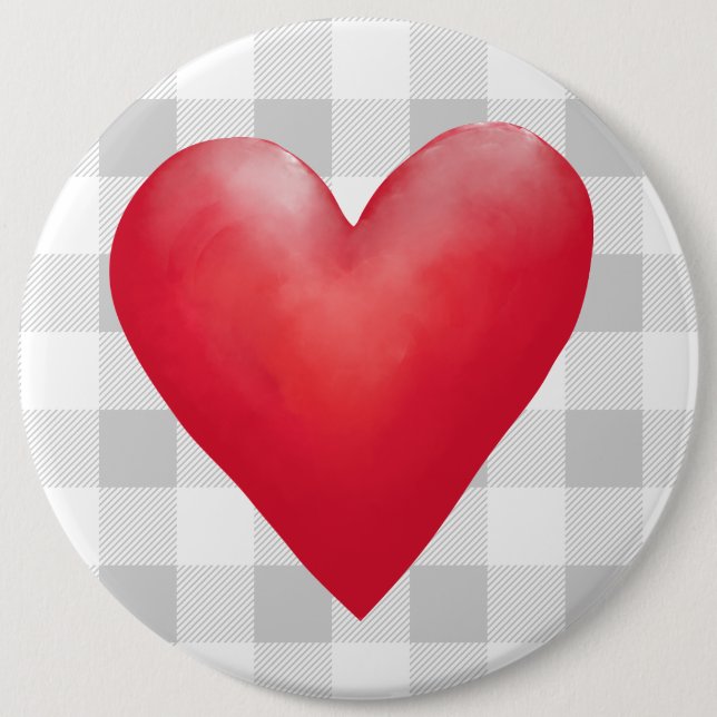 Big Red Painted Heart | Buffalo Plaid Valentine Button (Front)