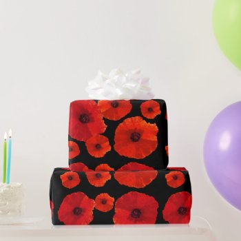 Big Red Poppies On Black Wrapping Paper by BlueHyd at Zazzle