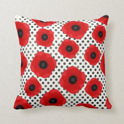 Big Red Poppy Flowers on Black and White Polka Dot Throw Pillow