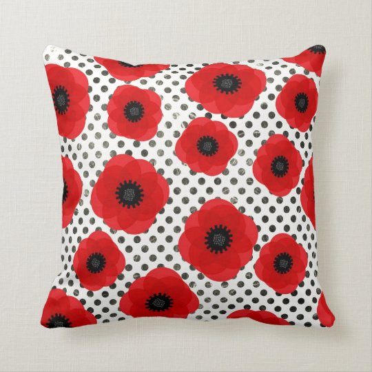 Big Red Poppy Flowers On Black And White Polka Dot Throw Pillow