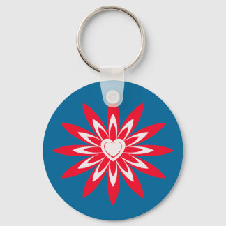 Big red & white flower with heart on blue keychain