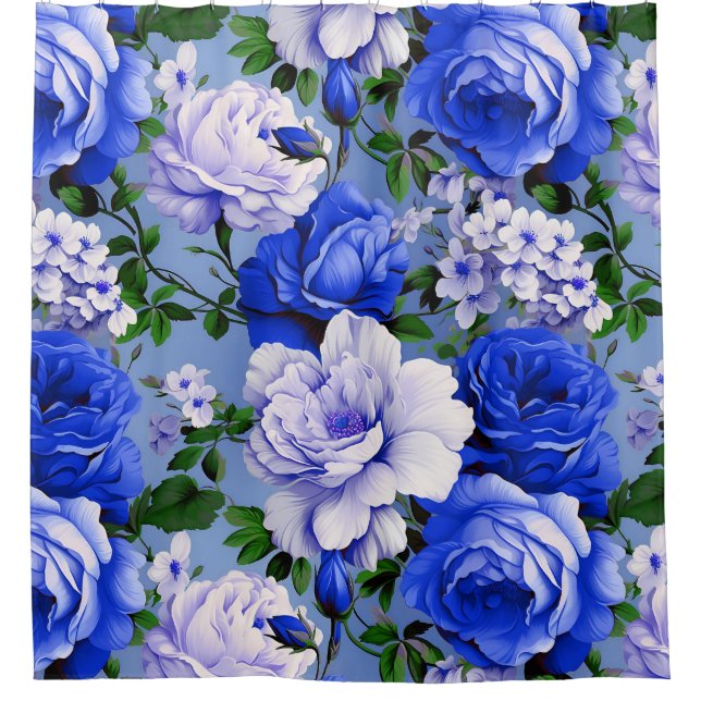 Big Retro Blue Rose Flower Shower Curtain (Front)