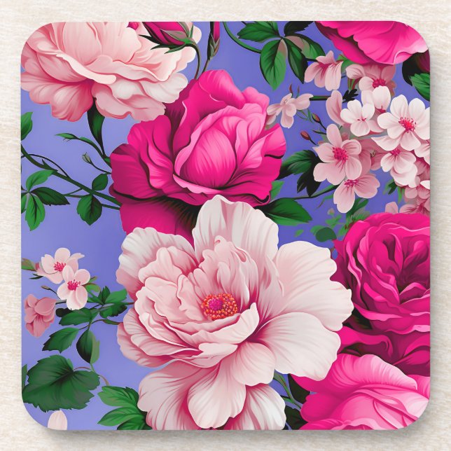 Big Retro Pink Rose Flower Beverage Coaster (Front)