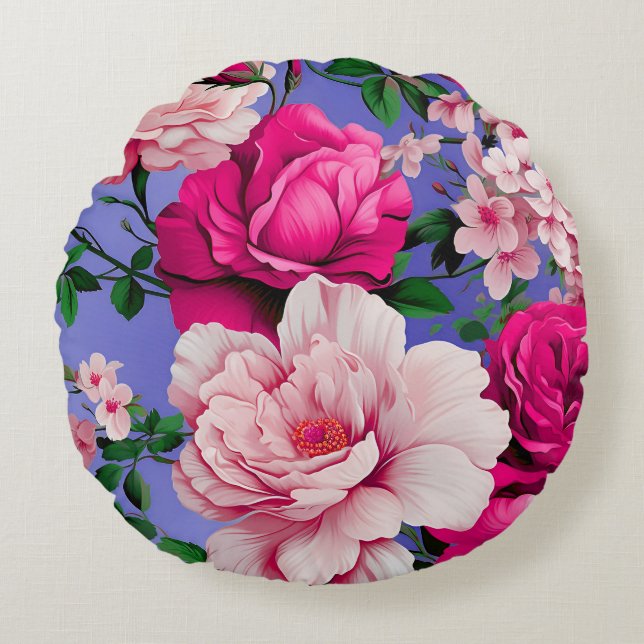 Big Retro Pink Rose Flower Round Pillow (Front)