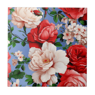Big Retro Red Rose Flower Ceramic Tile