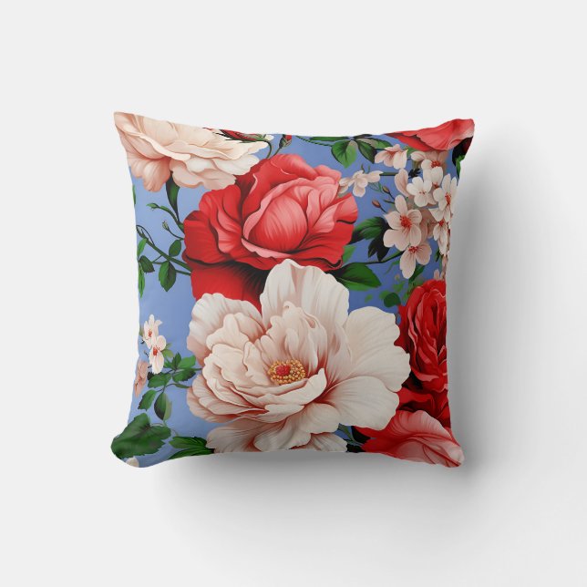 Big Retro Red Rose Flower Throw Pillow (Front)