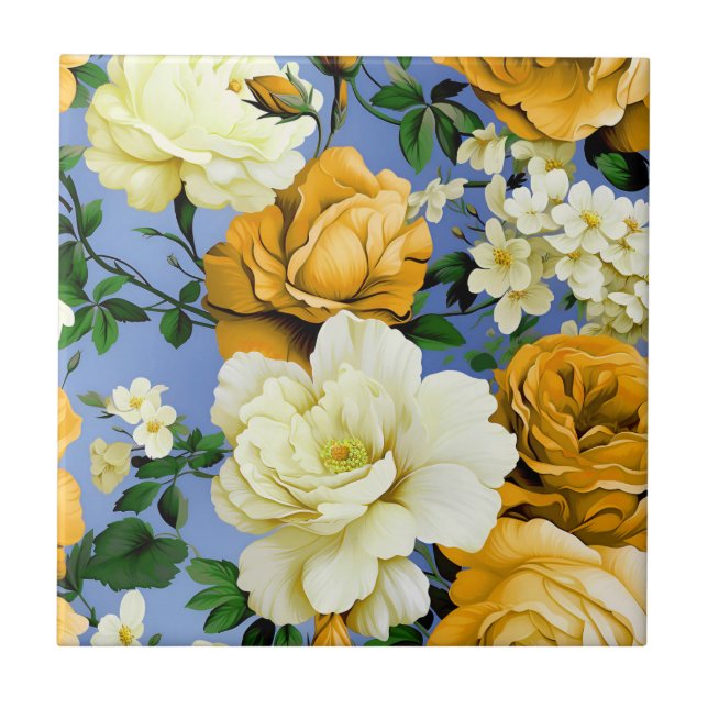 Big Retro Yellow Rose Flower Ceramic Tile (Front)
