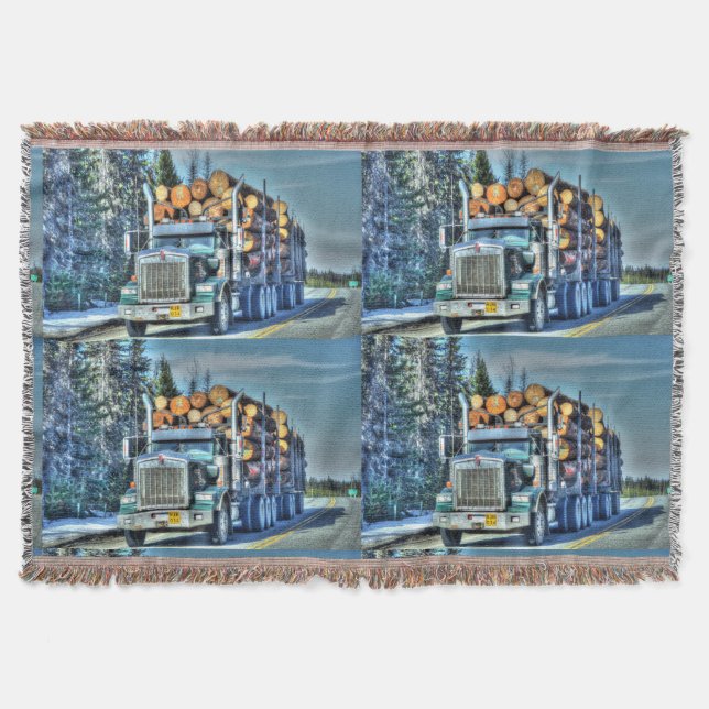 Big Rig Logging Truck Highway Driving Art Design Throw Blanket (Front)