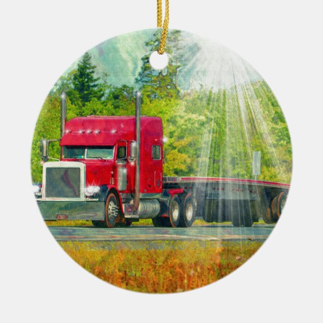 Big Rig Red Truck Heavy Transport Vehicle Ceramic Ornament (Front)
