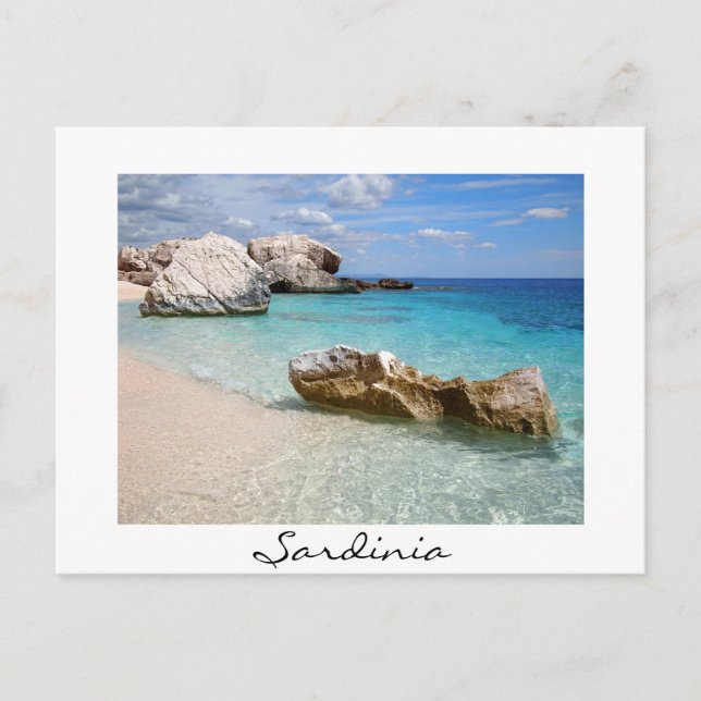 Big rocks at Cala Mariolu with text postcard (Front)