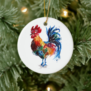 Big Rooster Watercolor Ceramic Ornament