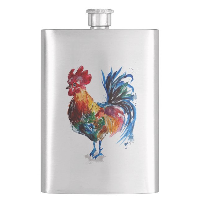 Big Rooster Watercolor Flask (Front)