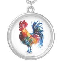 Big Rooster Watercolor Silver Plated Necklace