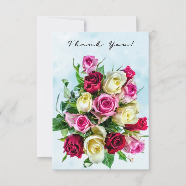 Big Rose Bouquet on Blue Splash Background Thank You Card (Front)
