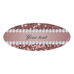 Big Rose Gold Faux Glitter and Diamonds Name Tag