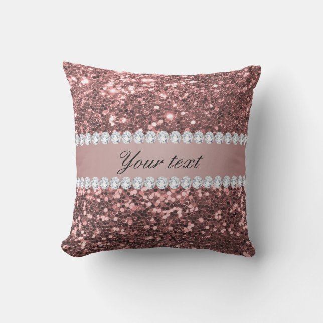 Big Rose Gold Faux Glitter and Diamonds Outdoor Pillow (Front)