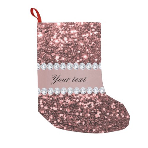 Big Rose Gold Faux Glitter and Diamonds Small Christmas Stocking