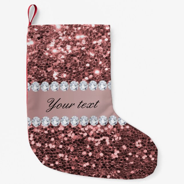 Big Rose Gold Faux Glitter and Diamonds Small Christmas Stocking (Front)